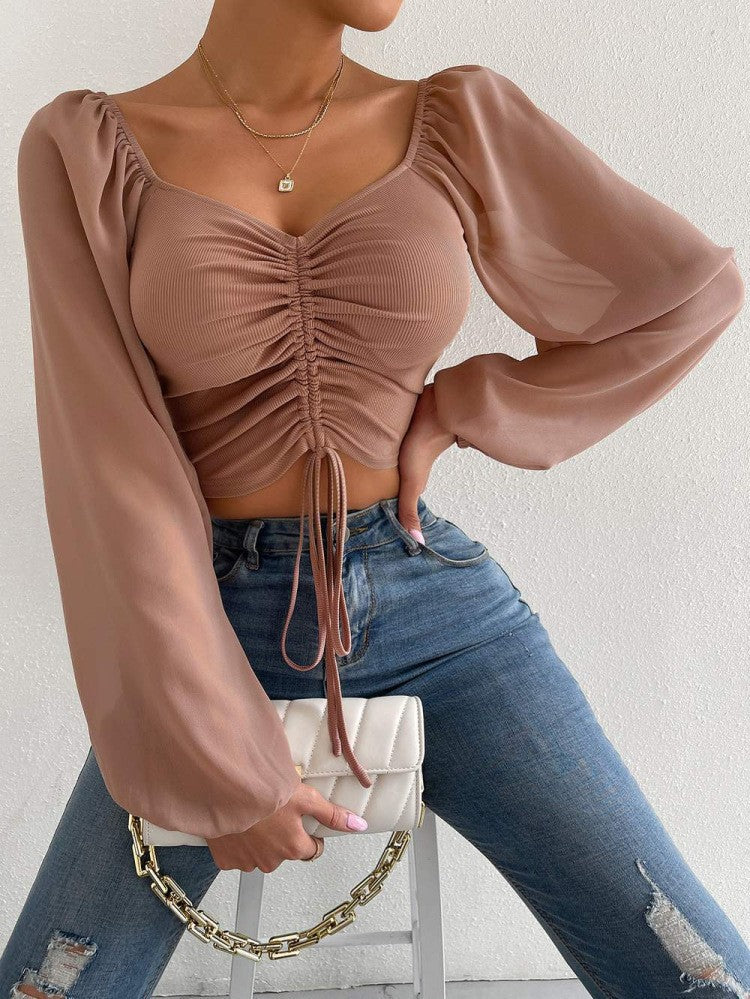 2024Amazon AliExpress Sommer NewVCollar Chiffon Kordelzug Laterne Ärmel Skinny Fashion Sexy Shirt Top 