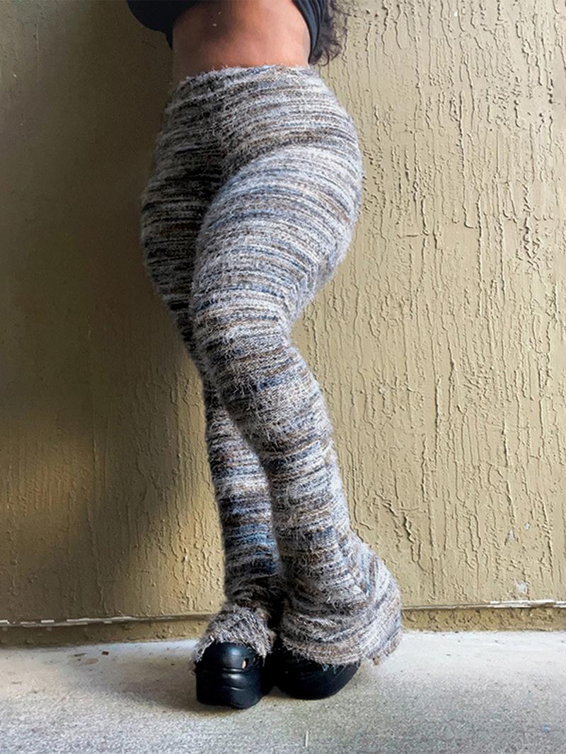 Women's Striped Print Flare Leg Fuzzy Sweater Pants, Casual Street Comfy Knit Bell Bottom Trousers For Fall & Winter, Women's Knitwear For Daily Wear - Seldom Seen Styles