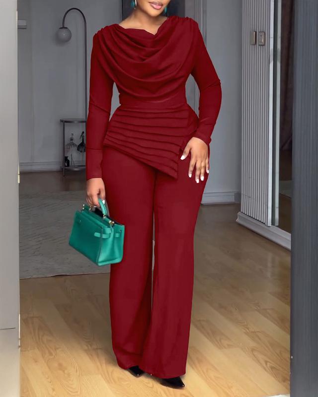Cowl Neck Asymmetrical Patchwork Ruched Jumpsuit Casual Cinched Waist Zipper Back Straight Leg Jumpsuit - Seldom Seen Styles