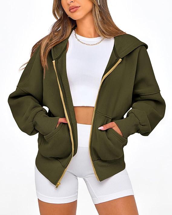 Women's Gold Zipper Hoodie Long Sleeve Fleece Y2K Style Casual Sweatshirt with Pockets for Fall Winter Clothes - Seldom Seen Styles