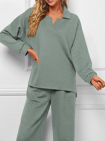 Women 2-Piece Outfit 2025 Fall Winter Lapel V Neck Long Sleeve Pullover and Wide Leg Pants Lounge Sets Pockets #Outdoorfun