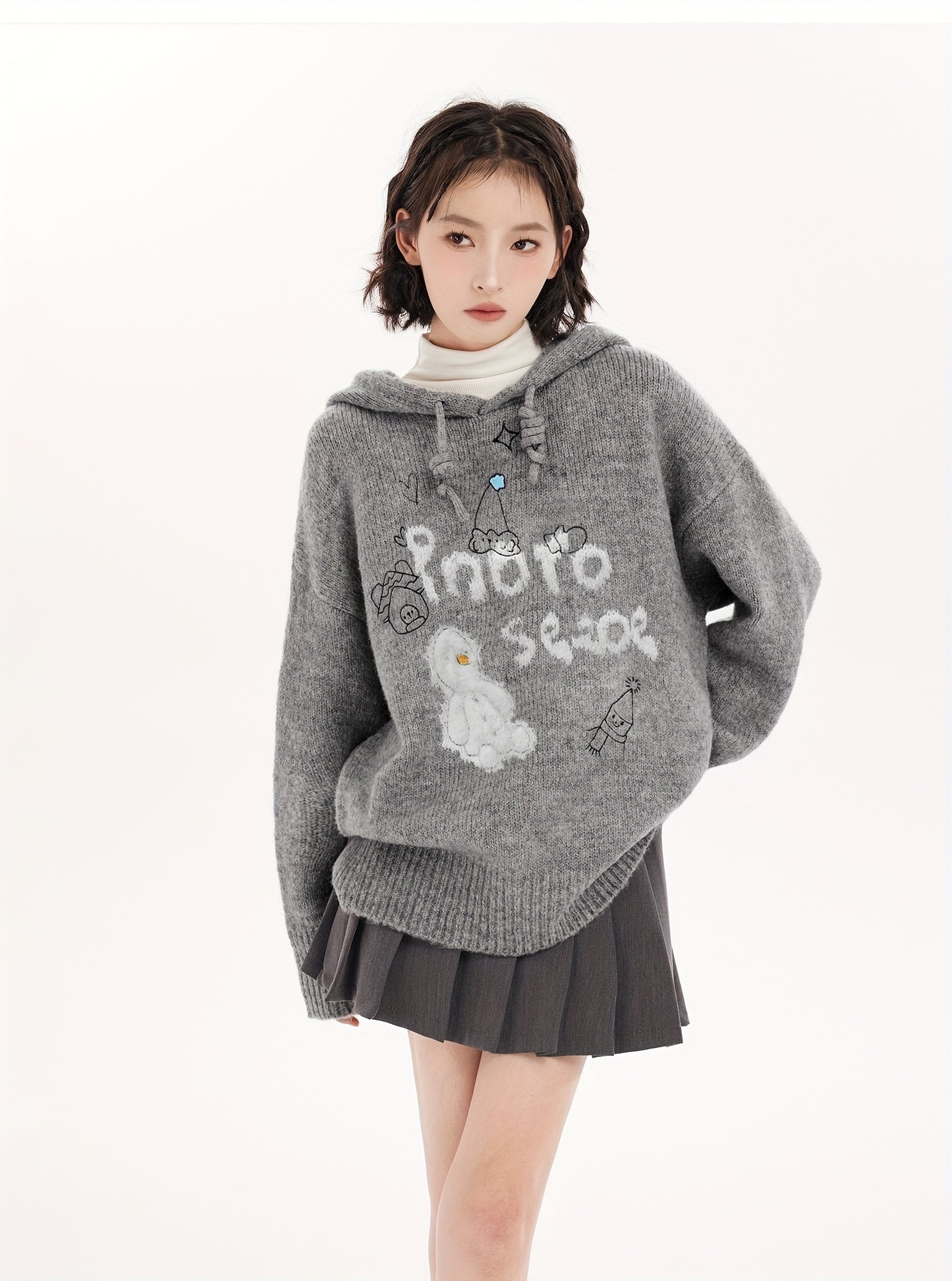 Cozy Gray Hooded Knit Sweater For Women - Cute Cartoon Design, Thick & Warm Pullover For Fall/Winter