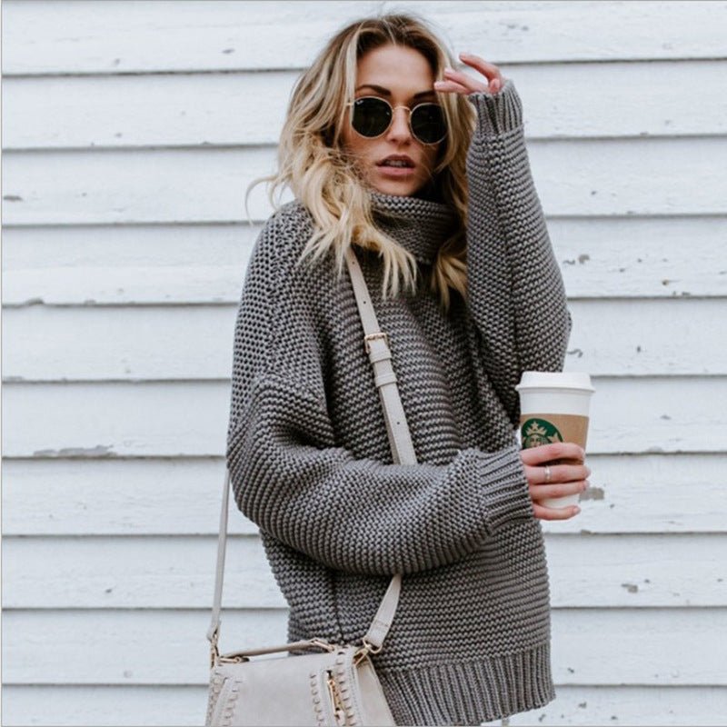 2023Autumn and Winter New European and American AliExpress Amazon Hot Knitwear Long Sleeve Turtleneck Sweater Coat Women