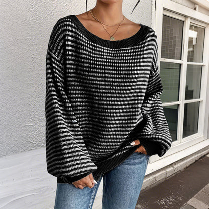 Women's Striped Drop Shoulder Sweater, Y2k Casual Bishop Sleeve Boat Neck Jumper Tops for Daily Outdoor Wear Back To School, Sweaters for Women, Ladies Knitwear for Fall, Fall Outfits, Fallfreshness, Preppy 80s Clothes