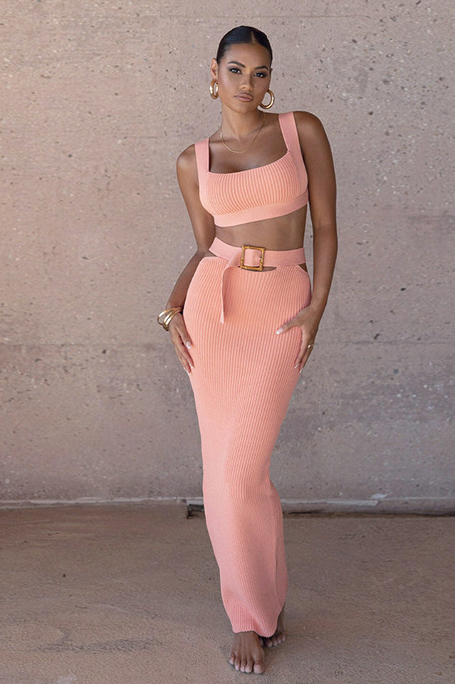 Women's Two-Piece Crop Top Maxi Skirt Set Chic Slim Fit Cut Out Belted Solid Color Outfit for Party Date Night Going Out - Seldom Seen Styles