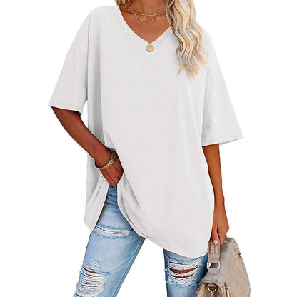 Women's Loose Fit V-Neck T-Shirt Short Sleeve Casual Summer Tops Solid Color Lightweight Breathable Cotton Blend Tee Shirt for Women