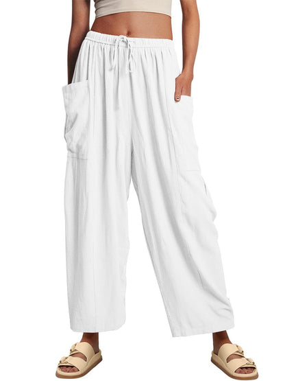 Pantalon large pour femme, décontracté, ample, avec cordon de serrage, fluide, pour l'été, la plage, style sarouel, avec poches