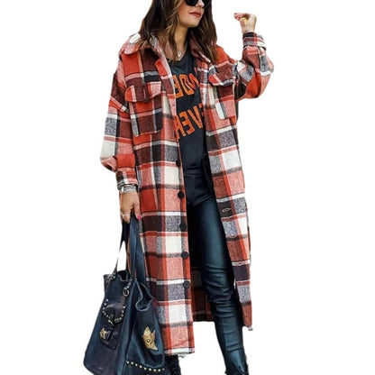 Women's Casual Wool Blend Long Plaid Shirt Jacket Button Down Pocketed Shirt Shacket