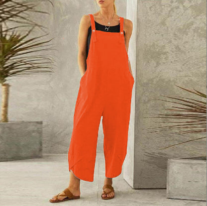 Women's Sleeveless Cotton Linen Overalls Rompers Baggy Wide Leg Jumpsuits