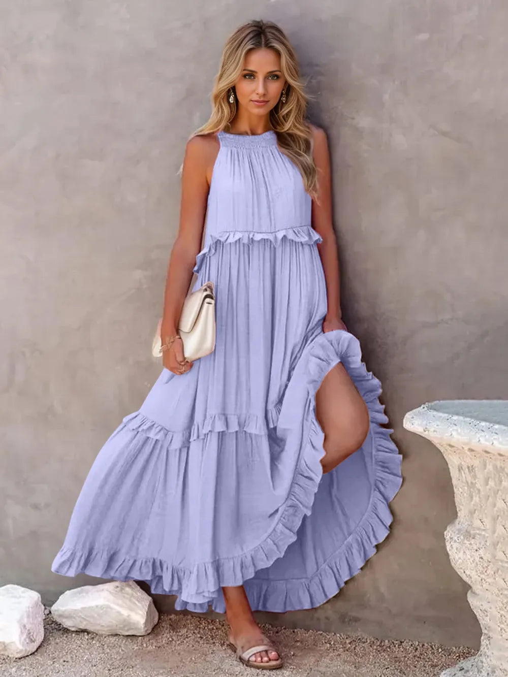 Women's Tiered Ruffle Maxi Dress with Pockets Smocked Halter Neckline Flowy Boho Summer Casual Long Dress - Seldom Seen Styles