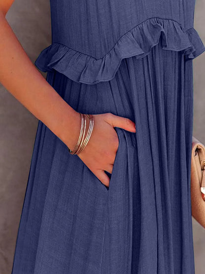 Women's Tiered Ruffle Maxi Dress with Pockets Smocked Halter Neckline Flowy Boho Summer Casual Long Dress
