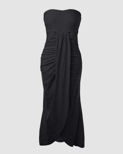 Sleeveless Ruched Cinched Waist Draped Bandeau Dress Eyelet Embroidery Slit Asymmetrical Hem Vacation Dress