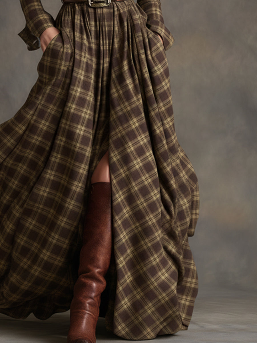 Retro Ethnic Style Lapel Reddish Brown Plaid Maxi Dress - Seldom Seen Styles