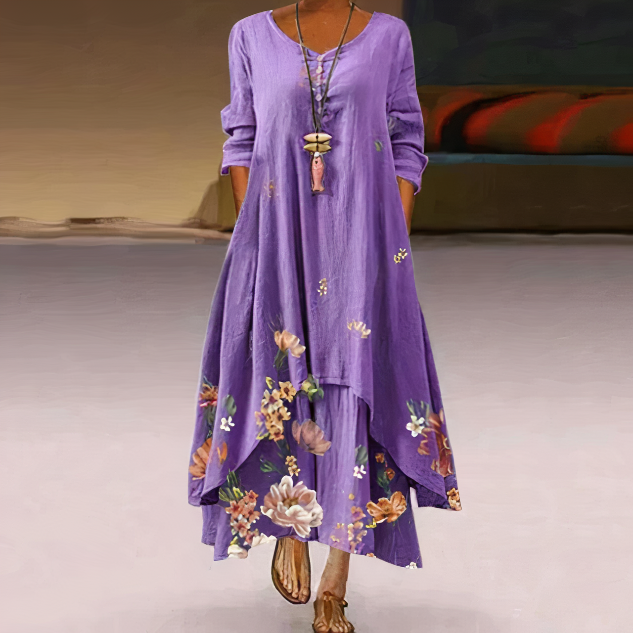 Flora | Women's Floral Print Long Sleeve Loose Maxi Dress - Seldom Seen Styles