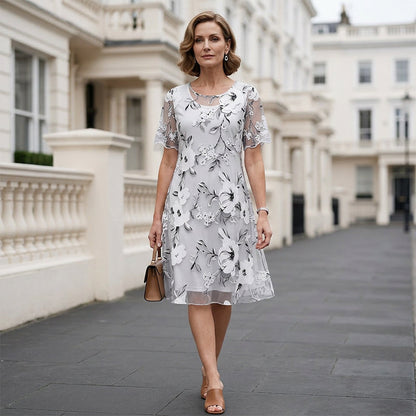 Women's Floral Chiffon Dress Short Sleeve Mesh Overlay Elegant Casual Summer Dress