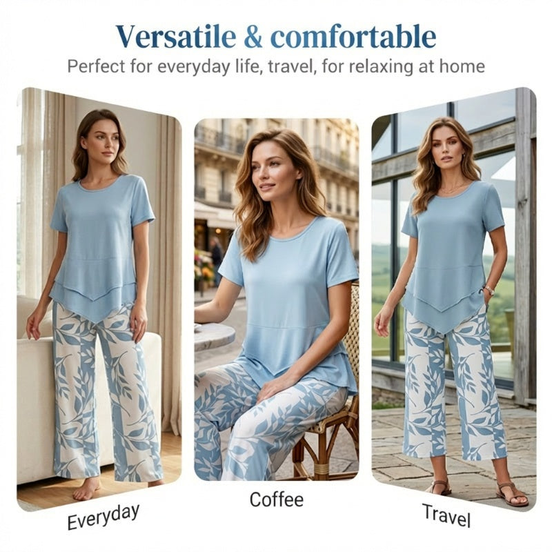 Women's Two Piece Outfit Layered Tunic Top and Wide Leg Floral Pants Casual Summer Set - Seldom Seen Styles
