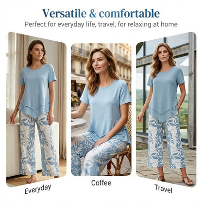 Women's Two Piece Outfit Layered Tunic Top and Wide Leg Floral Pants Casual Summer Set