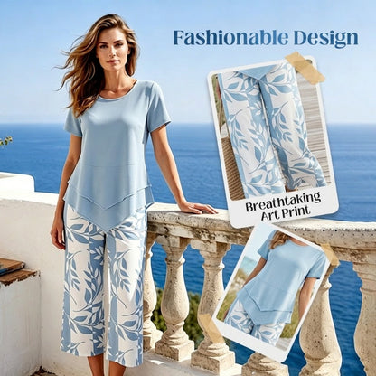 Women's Two Piece Outfit Layered Tunic Top and Wide Leg Floral Pants Casual Summer Set