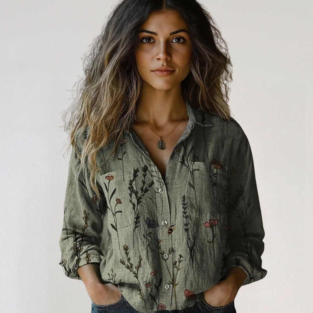 Womens 3/4 Sleeve Shirts Vintage Boho Retro Floral Print Tops Ladies Loose Fit Lightweight V Neck Button Down Blouses - Seldom Seen Styles