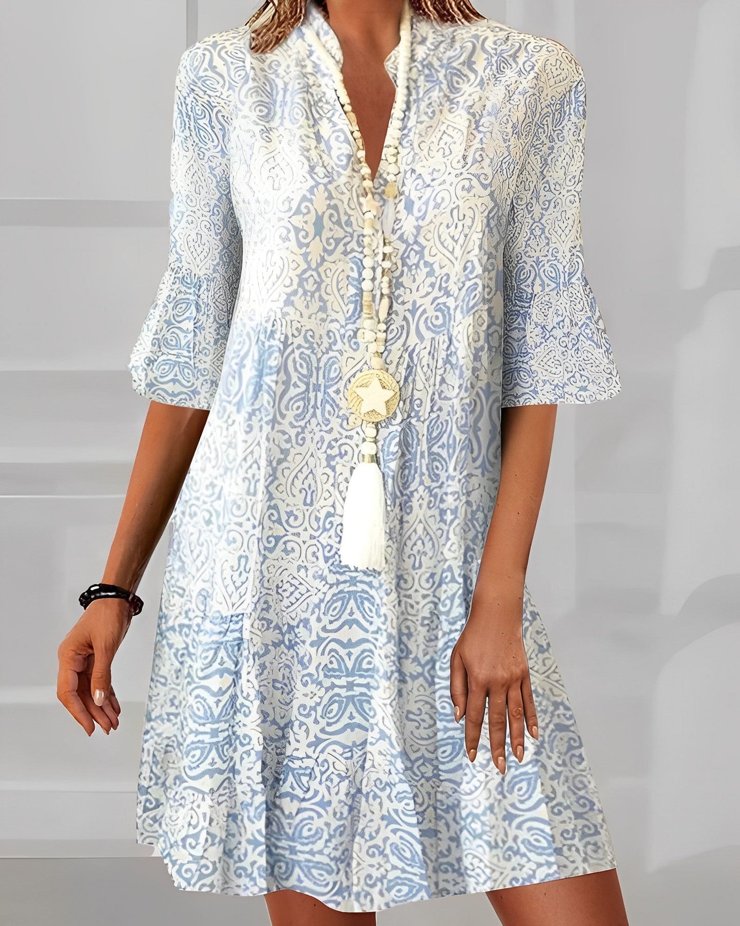 Natalie | Women's Boho V-Neck 3/4 Sleeve Printed Swing Dress - Seldom Seen Styles