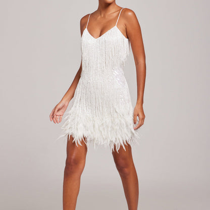 Sleeveless Fringed Sequin Feathered Mini Dress