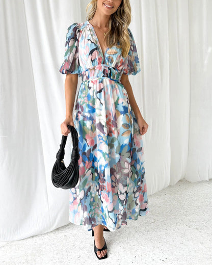 Women's Elegant Floral Maxi Dress - Boho Long Flowy Summer Dress with V-Neck, Lonesleeve Beach Wedding Guest Sundress for Women