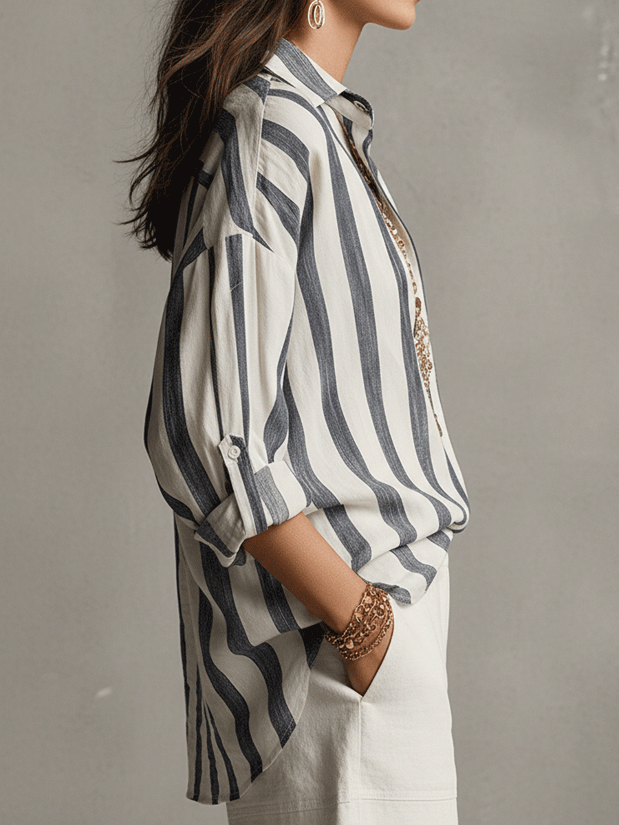 Casual Striped Cotton And Linen Long-Sleeved Shirt - Seldom Seen Styles