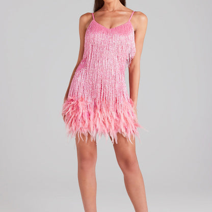 Sleeveless Fringed Sequin Feathered Mini Dress