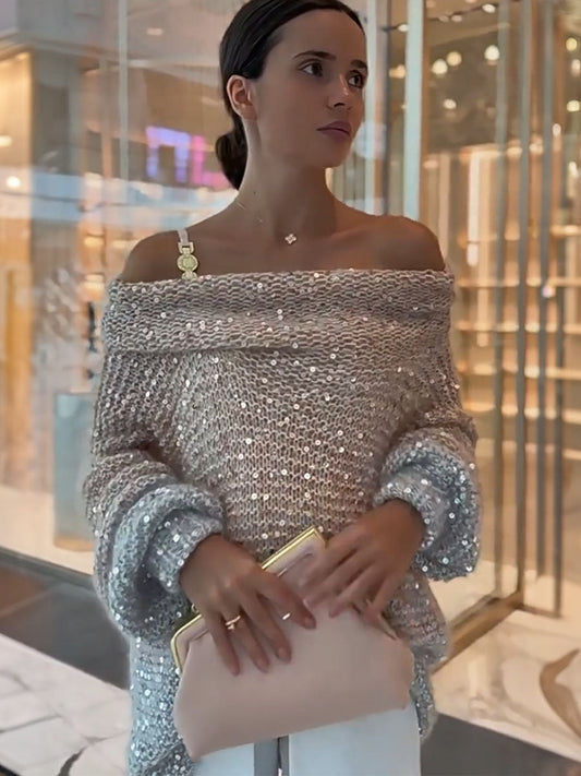 Sparkle Off Shoulder Knit Sweater - Seldom Seen Styles