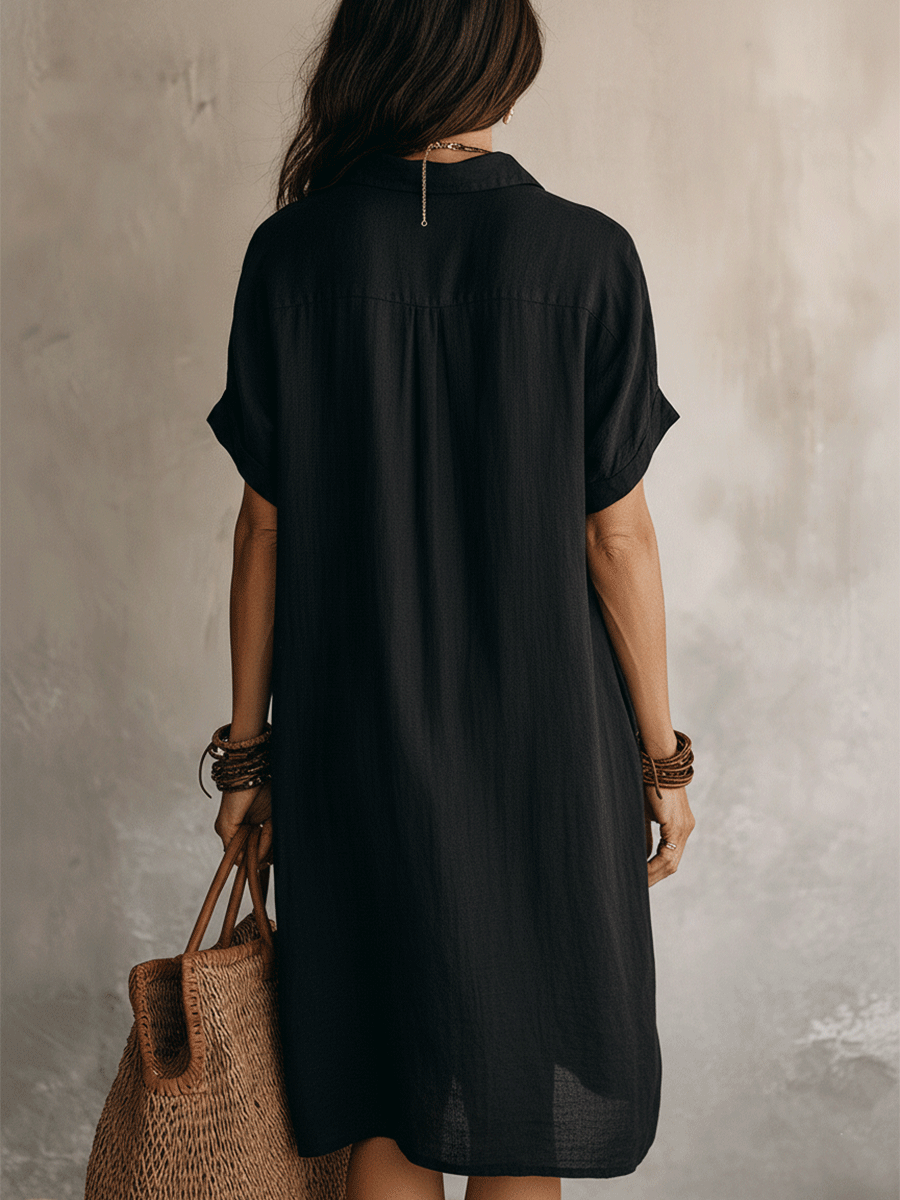 Modern Boho Effortless Black Linen Relaxed Midi Dress - Seldom Seen Styles