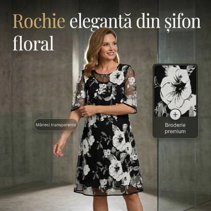 Women's Floral Chiffon Dress Short Sleeve Mesh Overlay Elegant Casual Summer Dress