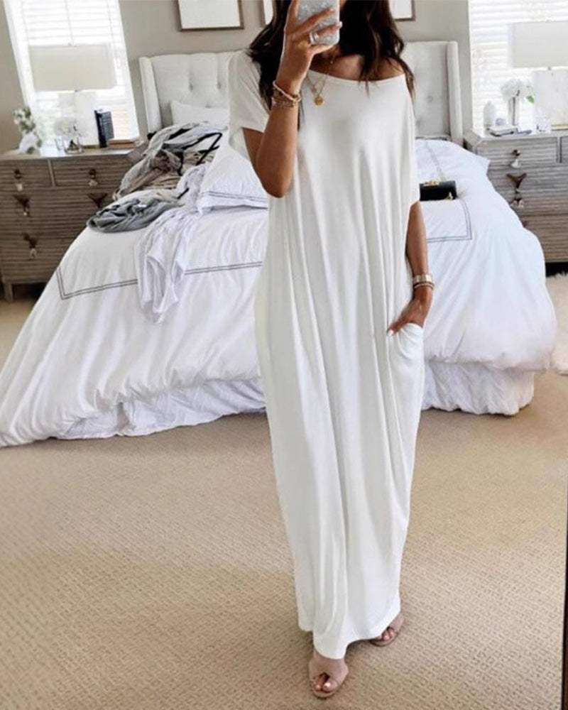 Women's Solid Color Batwing Sleeve Lounge Dress, Casual Comfy Baggy Nightdress - Seldom Seen Styles