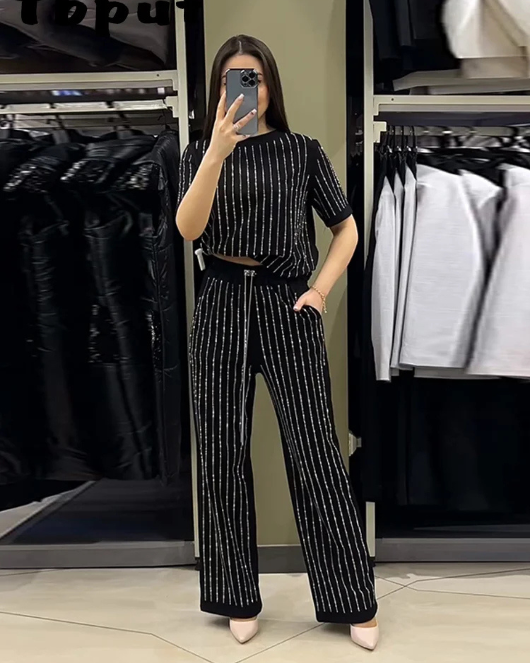Women's Casual Solid Color Round Neck Hot Diamond Short Sleeve Two-Piece Suit Elegant Stripe 2 Piece Sets for Wome - Seldom Seen Styles