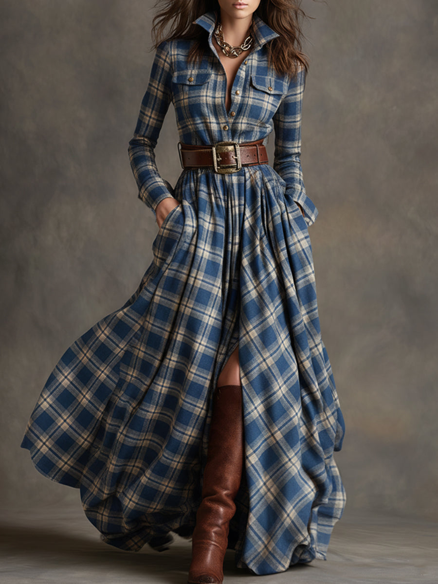 Retro Ethnic Style Lapel Reddish Brown Plaid Maxi Dress - Seldom Seen Styles