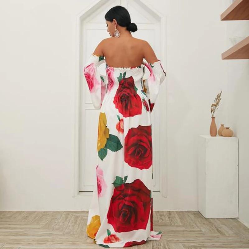 White Rose Floral Strapless Off Shoulder Sleeve Big Hem Long Dress - Seldom Seen Styles