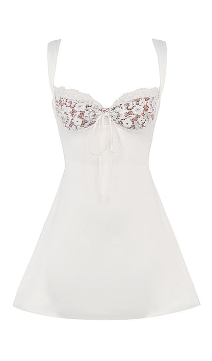 Elfenbeinfarbenes Satin- und Spitzen-Minikleid