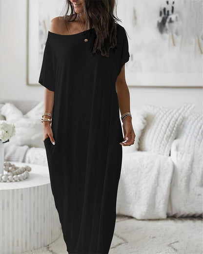 Women's Solid Color Batwing Sleeve Lounge Dress, Casual Comfy Baggy Nightdress