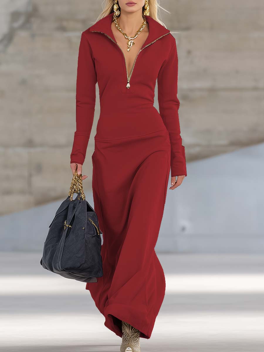 Elegant Retro Sporty V-neck Front Zipper Long-sleeved Pink Maxi Dress - Seldom Seen Styles