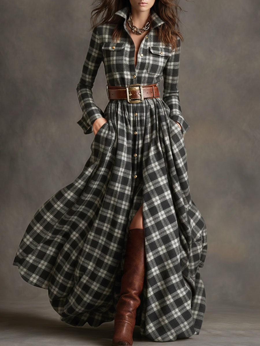 Retro Ethnic Style Lapel Reddish Brown Plaid Maxi Dress - Seldom Seen Styles
