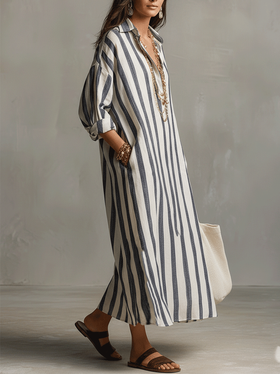 Casual Striped Shirt Bohemian Style Maxi Dress - Seldom Seen Styles