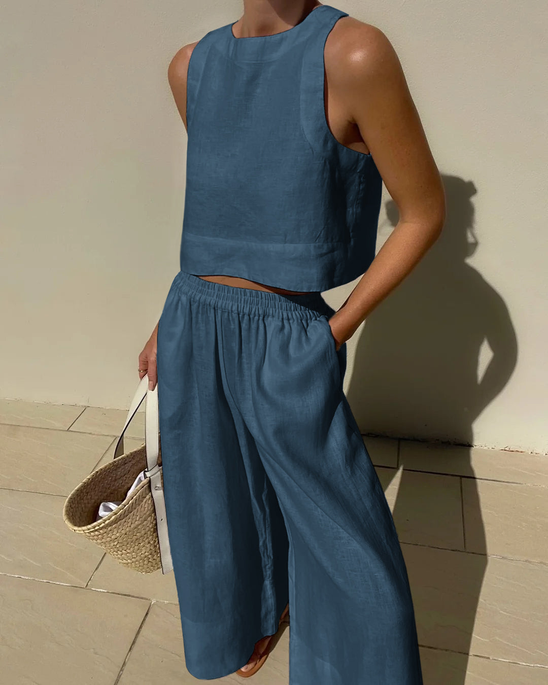Women's Linen Two Piece Set Crop Top Wide Leg Pants Outfit - Seldom Seen Styles