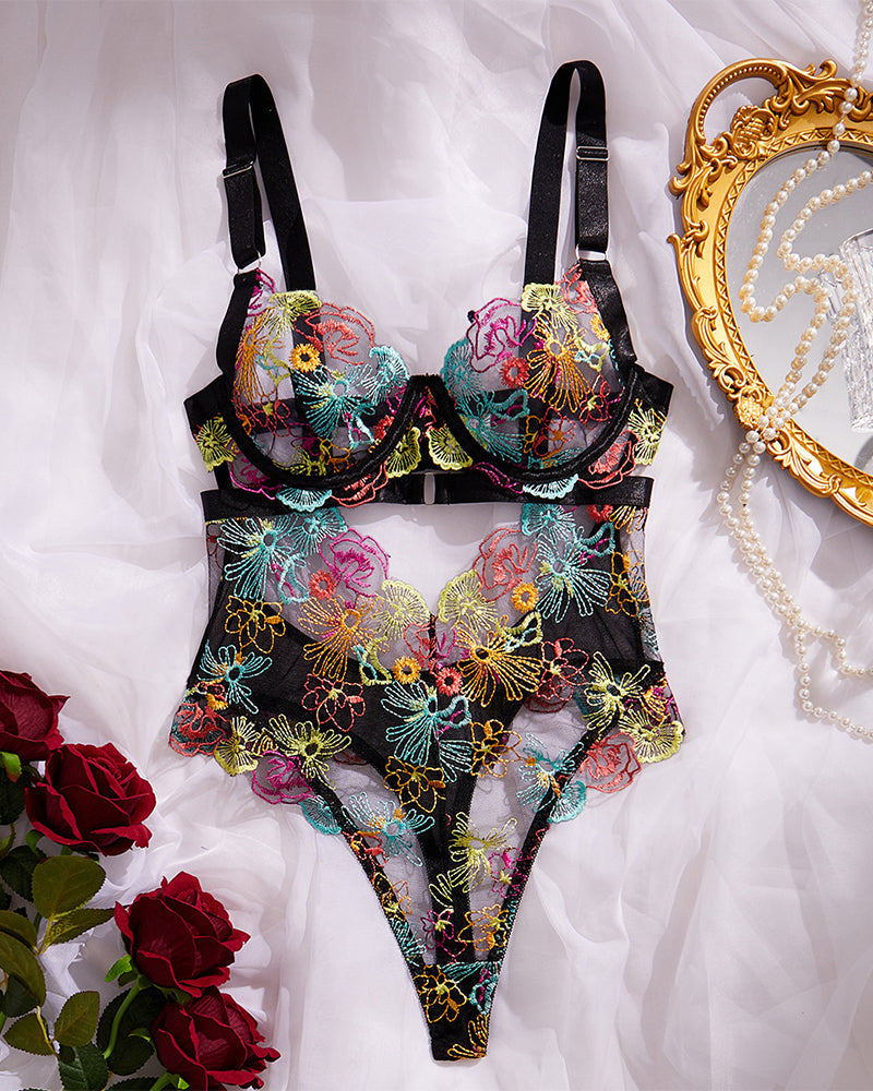 Women's Floral Embroidery Cut Out Sheer Sexy Lingerie - Seldom Seen Styles