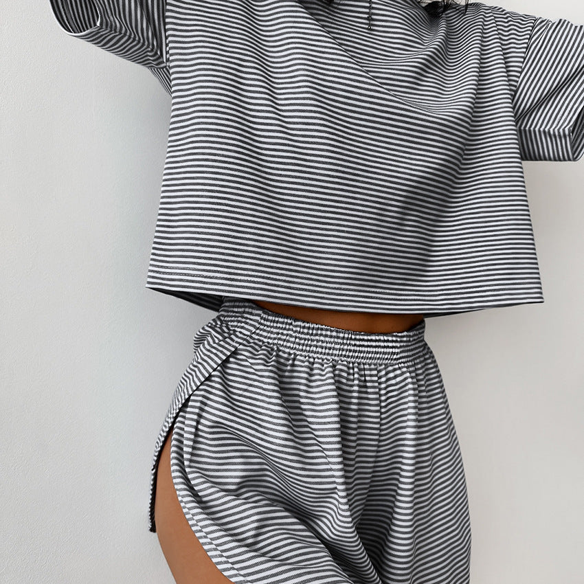 Knitted Striped Pajamas Autumn  Loose Short-Sleeved Shorts Suit Fashion Outerwear Homewear Women