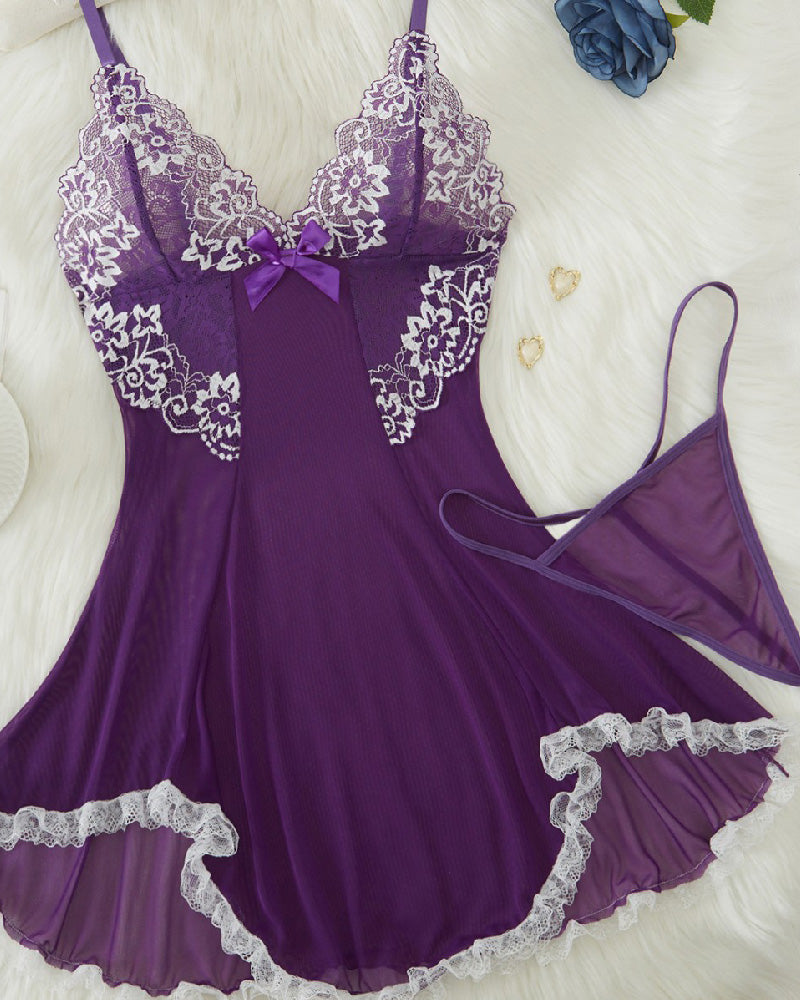 Lace Bowknot Lingerie Set – Spaghetti Strap V-Neck Sleepwear with Thong