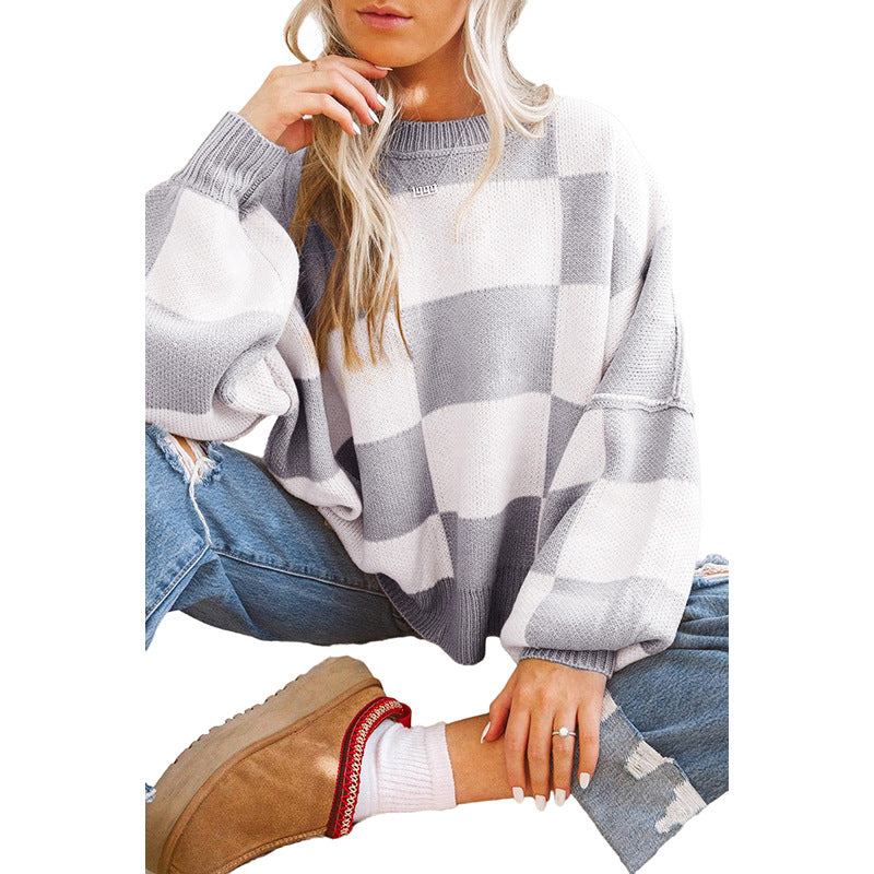 Leisure Style Plaid Printed Long-Sleeved Top Women's Autumn New Warm Pullover Crew Neck Sweater