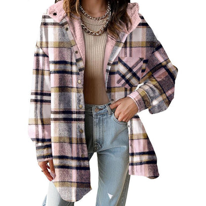 Women's Flannel Hooded Plaid Fuzzy Fleece Jacket