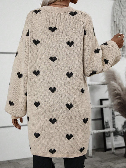 Long Heart Jacquard Sweater  Cardigan Fashion All-Match Casual Sweater Coat for Women