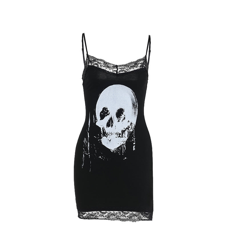 Women's Skull Print Contrast Lace Bodycon Cami Dress, Street Fashion Womenswear, Casual Sleeveless Mini Dress for Party Club Wear, Ladies Clothes for Fall 90s Clothes - Seldom Seen Styles