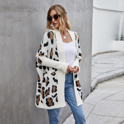 2024New Winter Clothes European and American Foreign Trade Women's plus Size Cardigan Coat Personality Fashion Leopard Print Knitwear Sweater Women