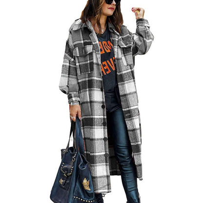 Women's Casual Wool Blend Long Plaid Shirt Jacket Button Down Pocketed Shirt Shacket